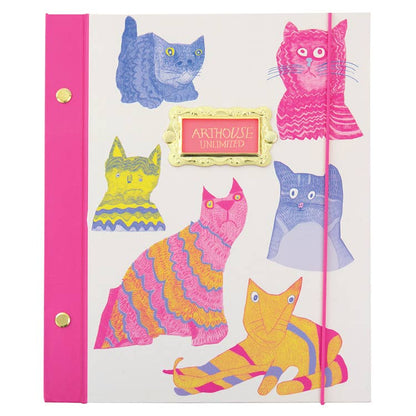 Colourful cat-themed notebook with pink binding and Arthouse Unlimited branding.