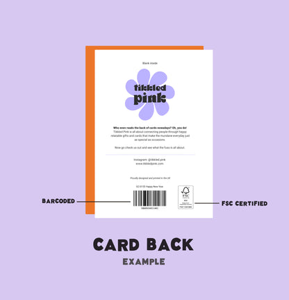 Card back with FSC certification and barcode on a purple background