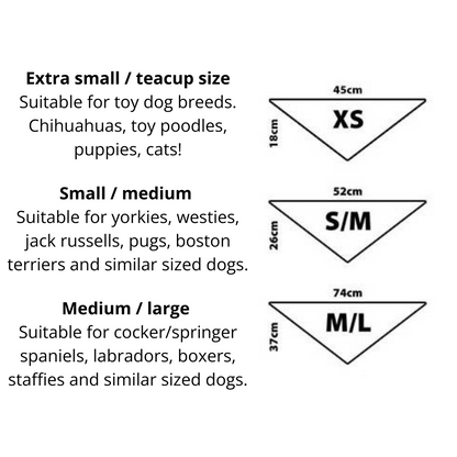 Dog bandana size chart with measurements for XS, S/M, and M/L sizes on a white background.