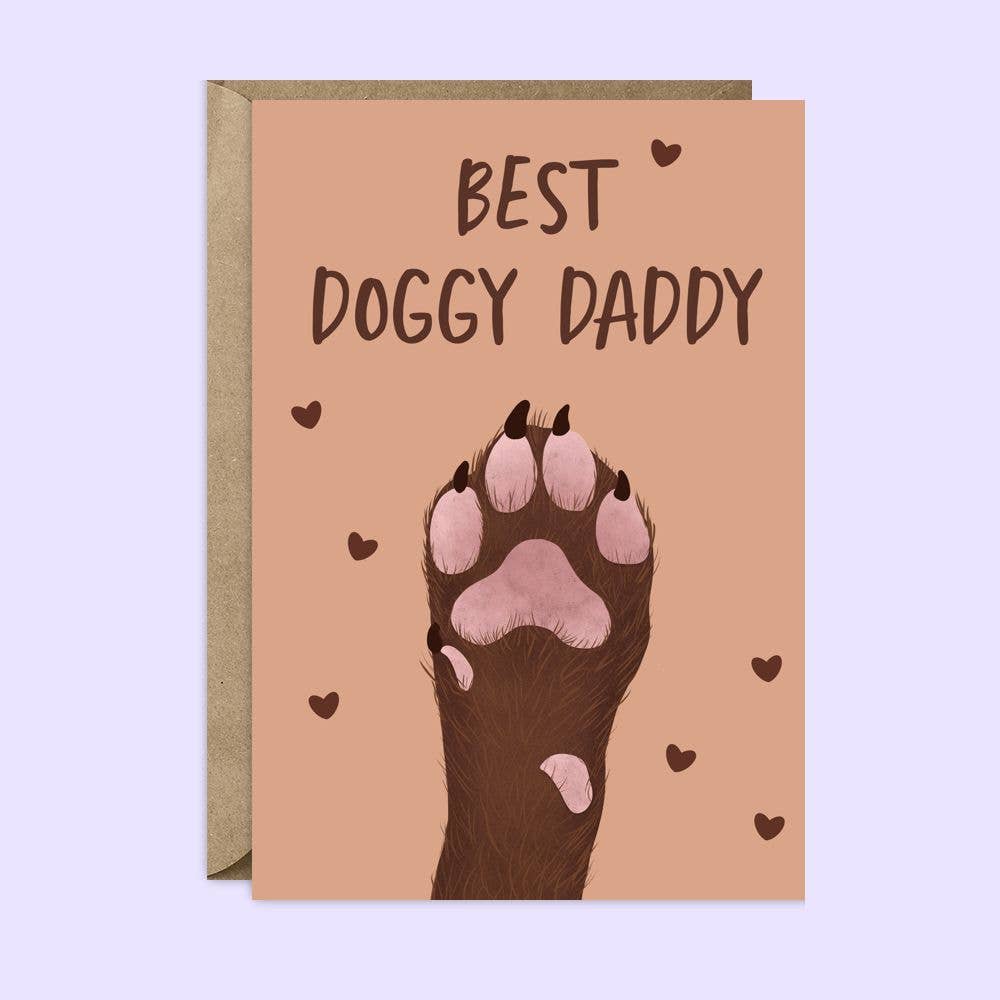 Card with 'Best Doggy Daddy' text and a paw print on a light purple background