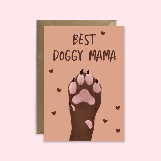 Greeting card with a paw print and 'Best Doggy Mama' text on a beige background