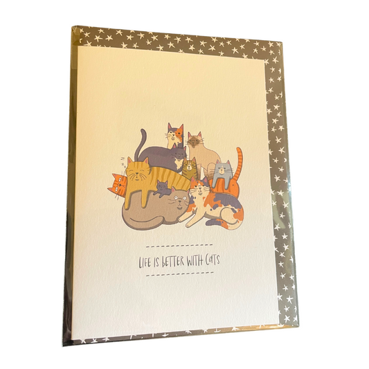 card with cat illustration and 'Life is better with cats' text on a white background