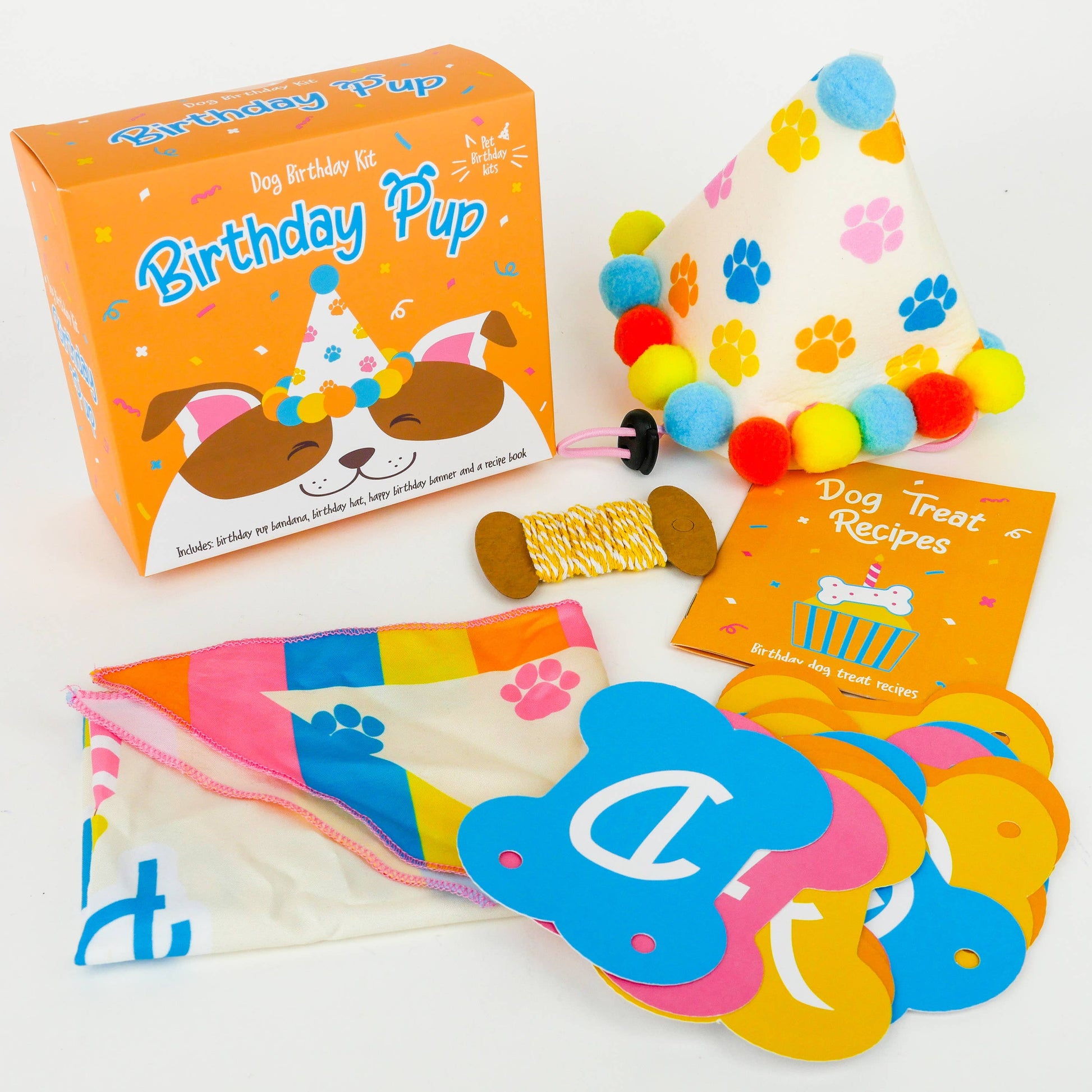 Birthday dog set including hat, bunting, string, recipes and bandana. 