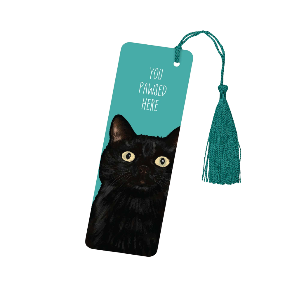 Bookmark with a black cat illustration and text 'You pawsed here' on a teal background.