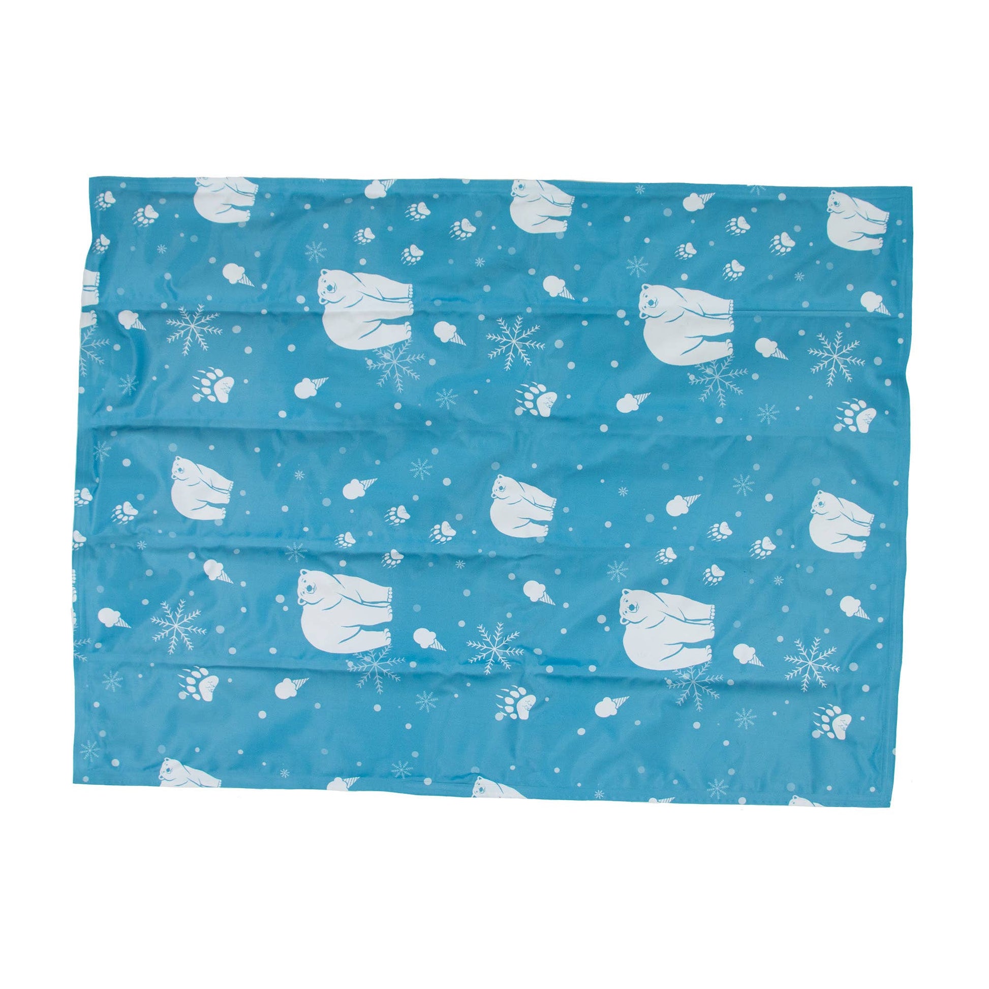 Blue cooling mat with white bear and snowflake pattern on a white background