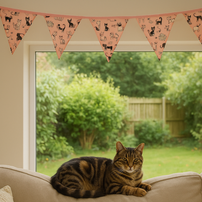 Cat sat on sofa with pink bunting above it 