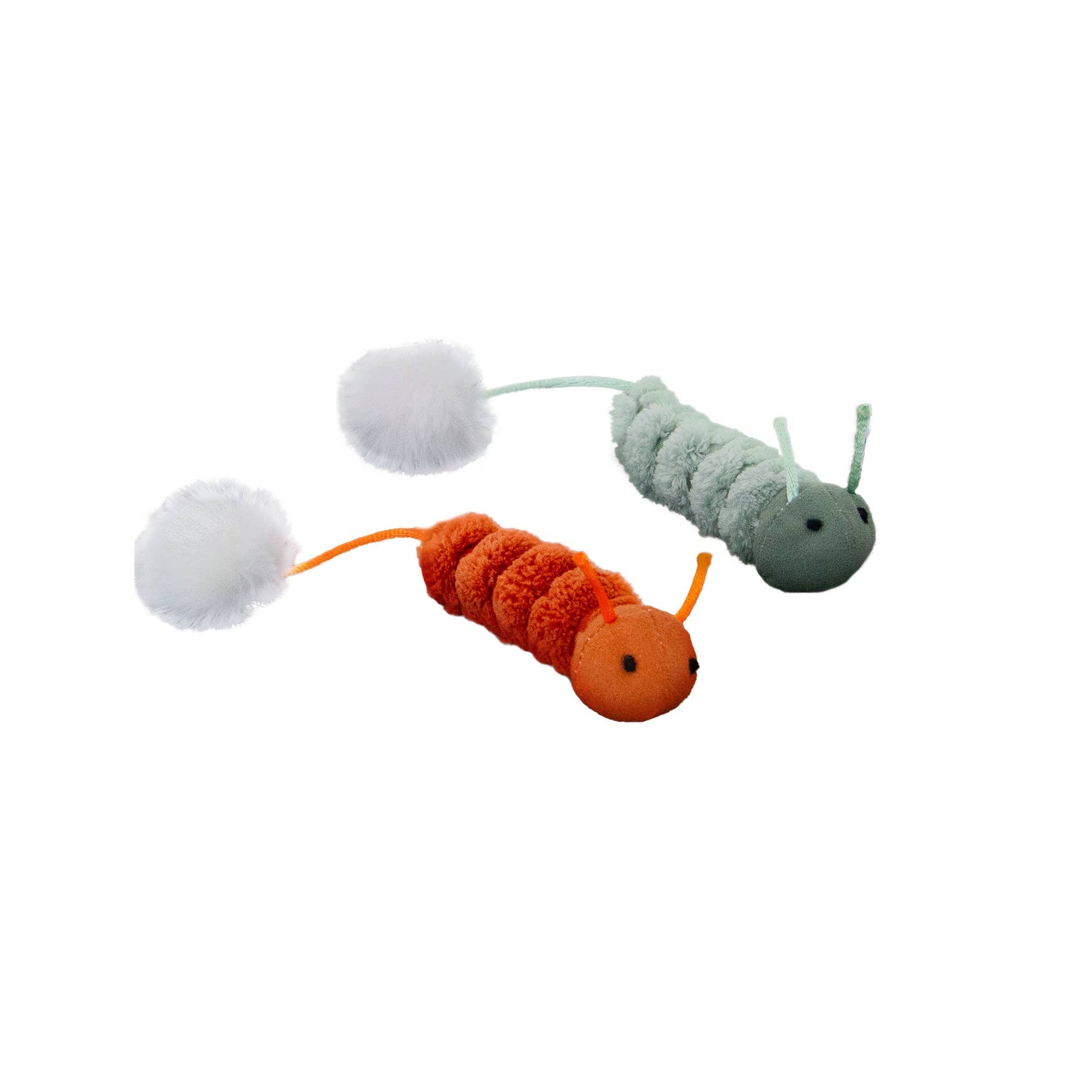 Plush caterpillar toy with pom-pom details on a white background