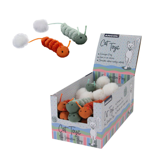 Cat toys with colorful caterpillar design in a box labeled 'Ancol'.