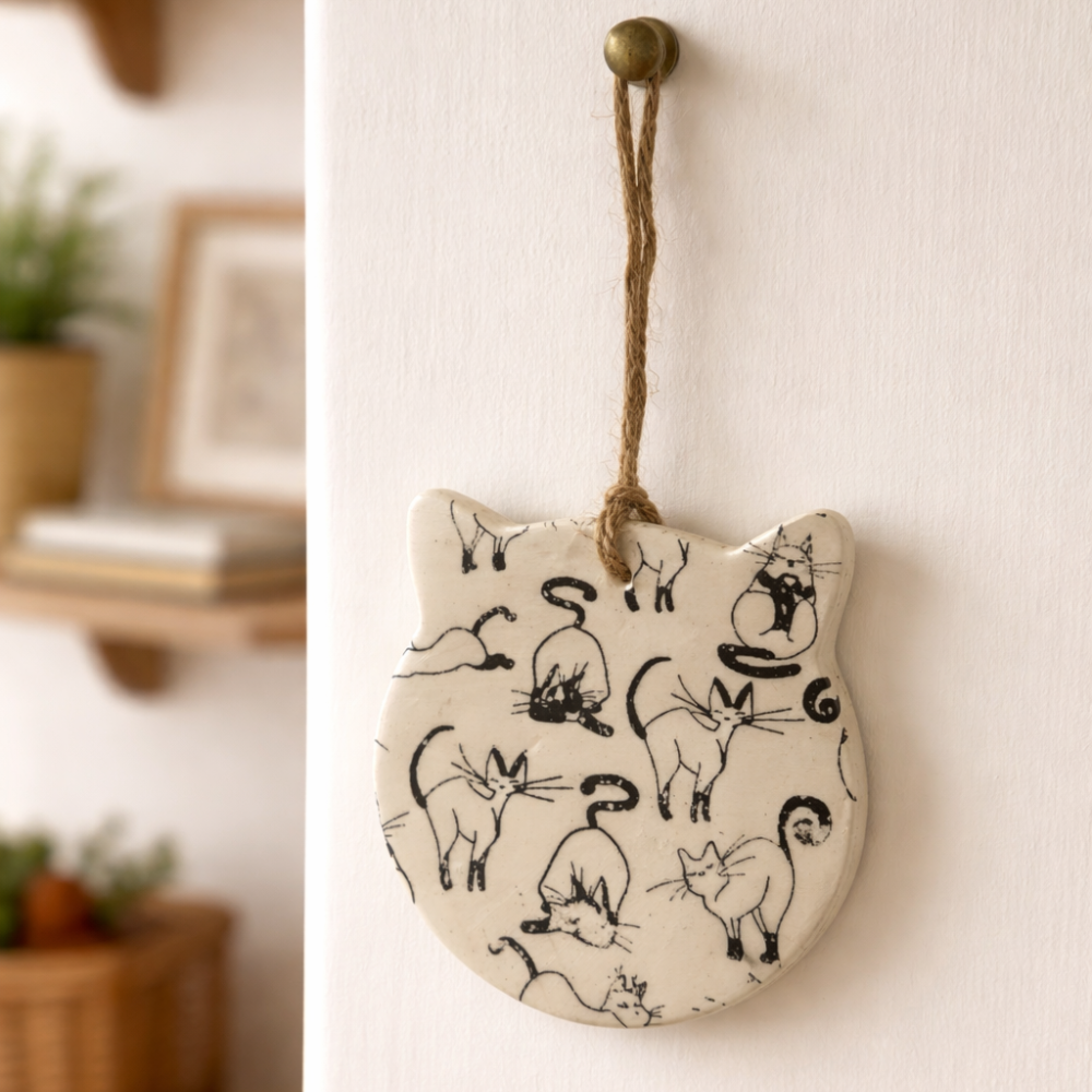 Decorative wall hanging with cat illustrations on a neutral background