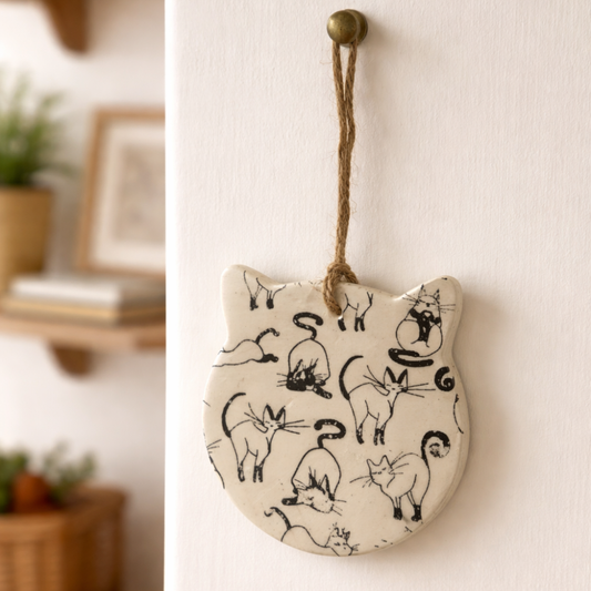 Decorative wall hanging with cat illustrations on a neutral background