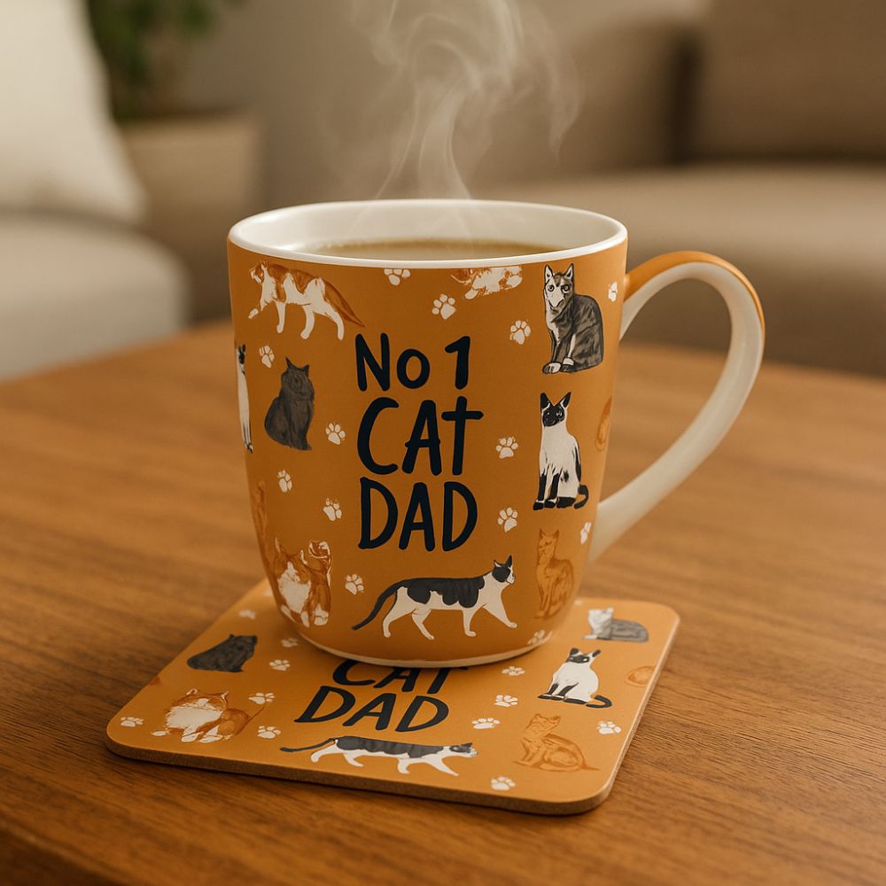 Orange mug with 'No 1 Cat Dad' text and cat illustrations on a wooden table.
