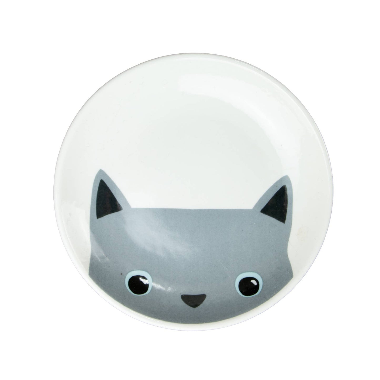 Round white dish with a grey cat face design on a white background