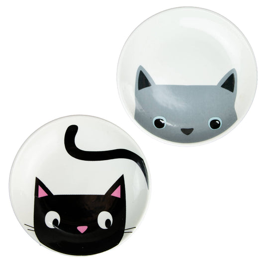 Two cat dishes, one black cat design, one grey cat, on a white background.