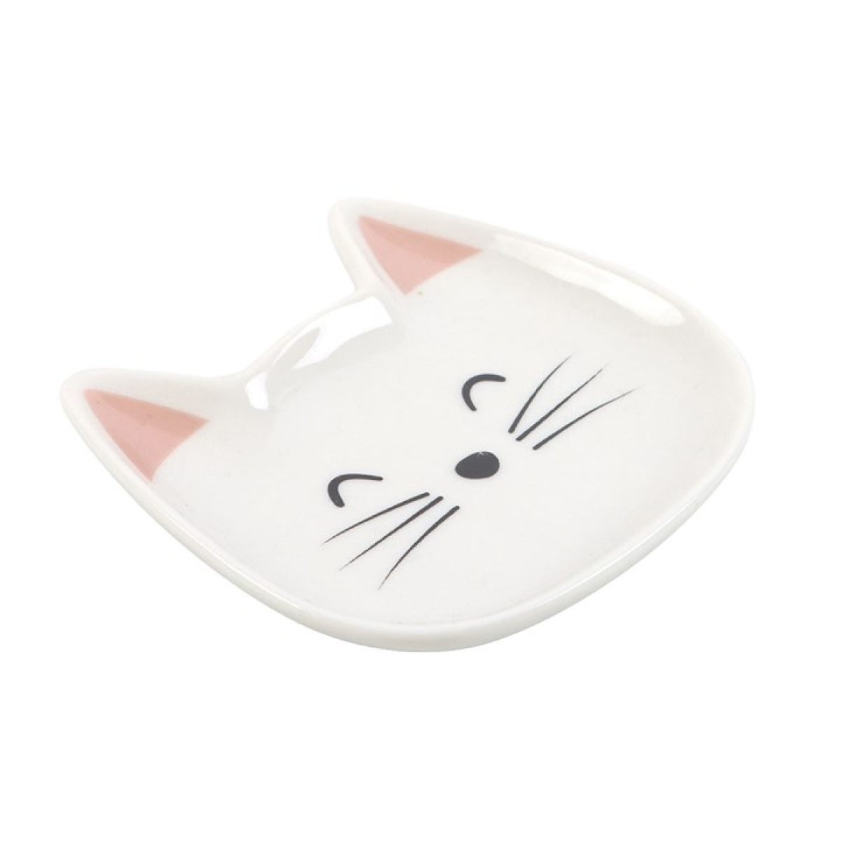 Cat-shaped ceramic dish with pink inner ears on a white background