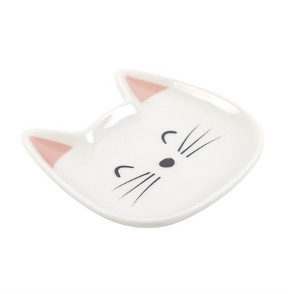 Cat-shaped ceramic dish with pink inner ears on a white background
