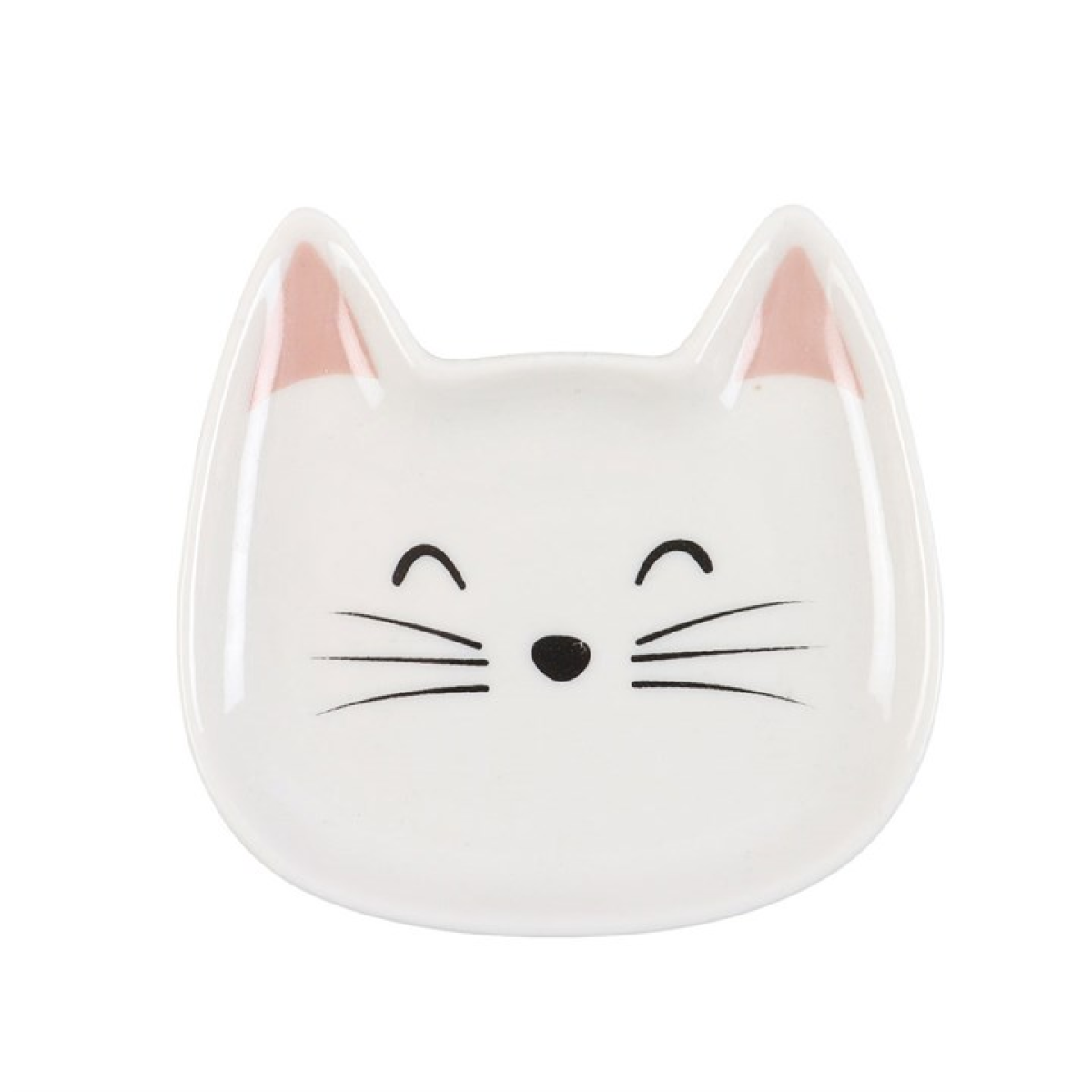 Cat-shaped ceramic dish with a white face and pink ears on a white background