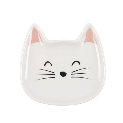Cat-shaped ceramic dish with a white face and pink ears on a white background