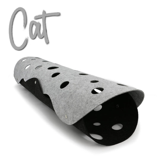 Gray and black cat felt tunnel on a white background with 'Cat' text.