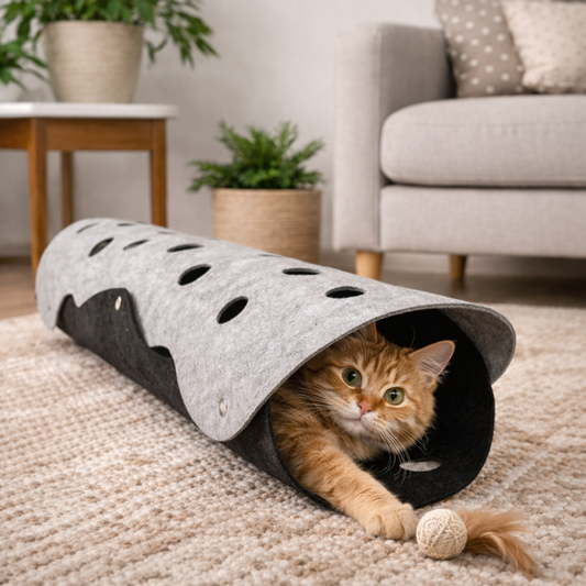 Cat peeking out from a grey felt cat tunnel in a cosy living room.