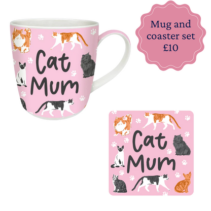 Mug and coaster set with 'Cat Mum' text and cat illustrations on a pink background