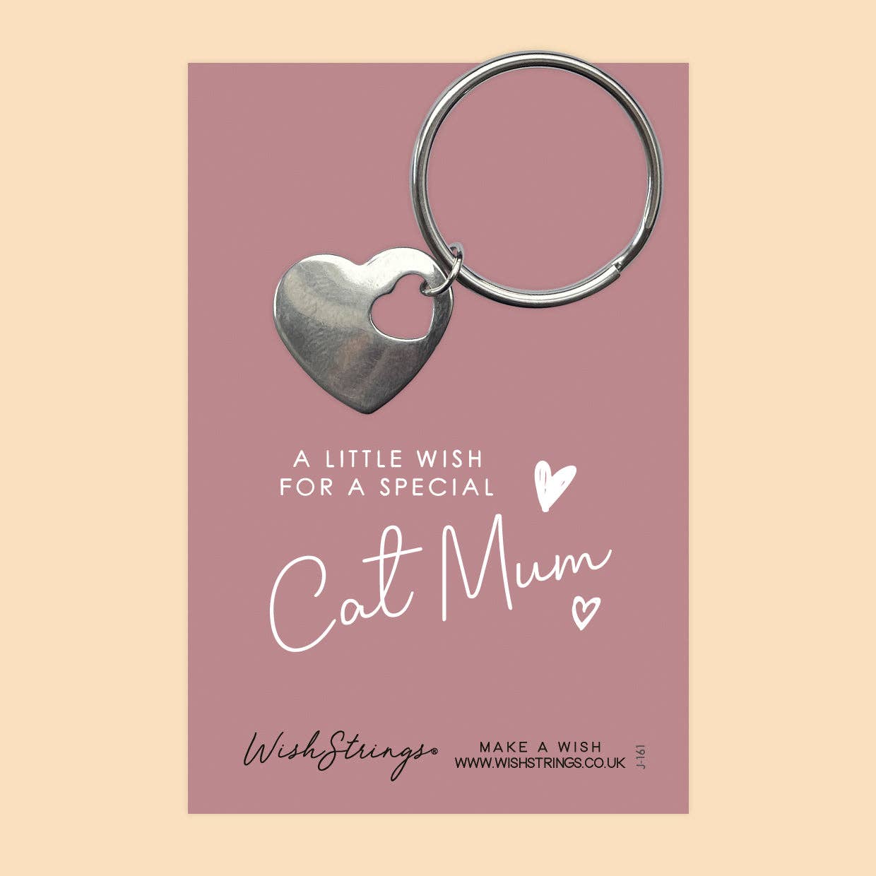 Heart-shaped keychain on a pink card with text for a special cat mum, brand 'Wish Strings' visible.