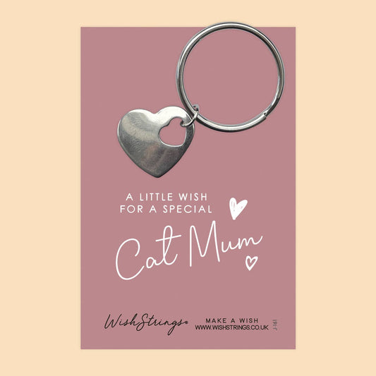 Heart-shaped keychain on a pink card with text for a special cat mum, brand 'Wish Strings' visible.