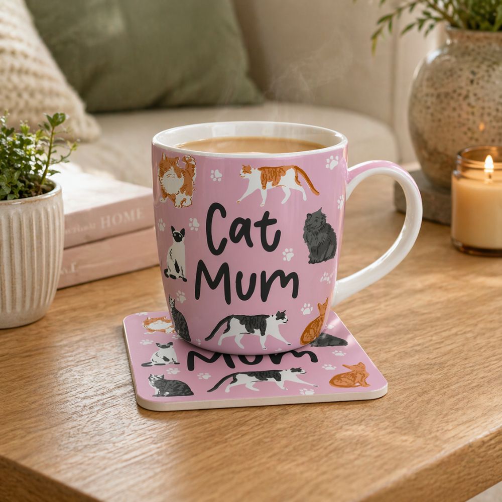 Pink mug with cat illustrations and 'Cat Mum' text on a coaster, placed on a wooden surface.