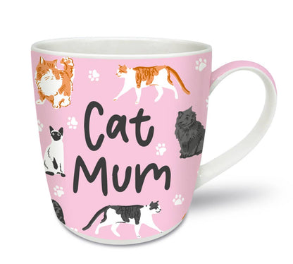 A pink ceramic mug with various illustrations of cats and the text 'Cat Mum' on the side.