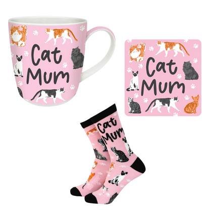 Pink 'Cat Mum' mug, socks, and coaster set on a white background