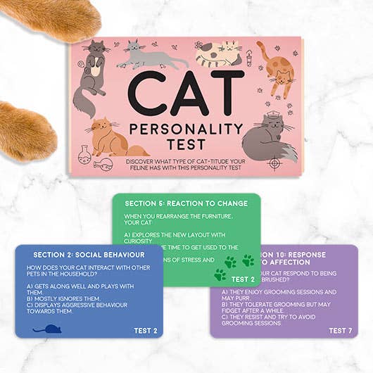 A Cat Personality Test card game laid out on a surface with illustrations of cats and sections of the test visible. Part of a cat's paw is also visible in the corner.