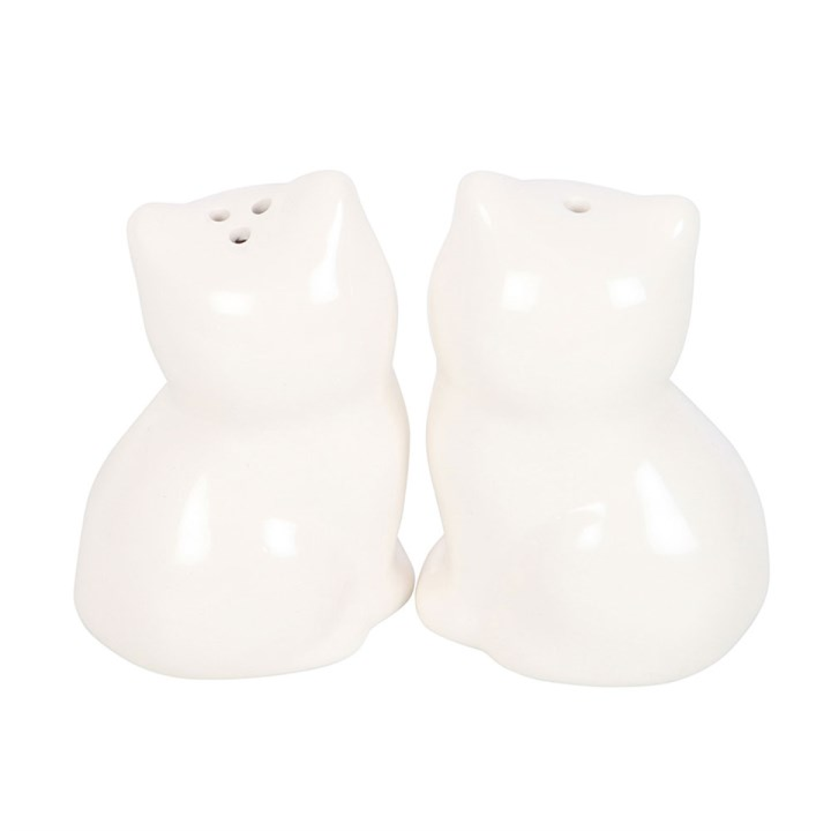 Two white ceramic cat-shaped salt and pepper shakers on a white background