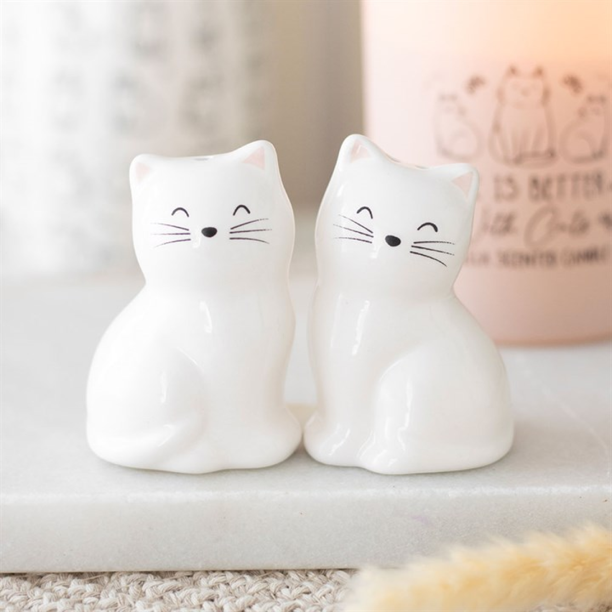 Two white cat-shaped salt and pepper shakers on a surface with a blurred background