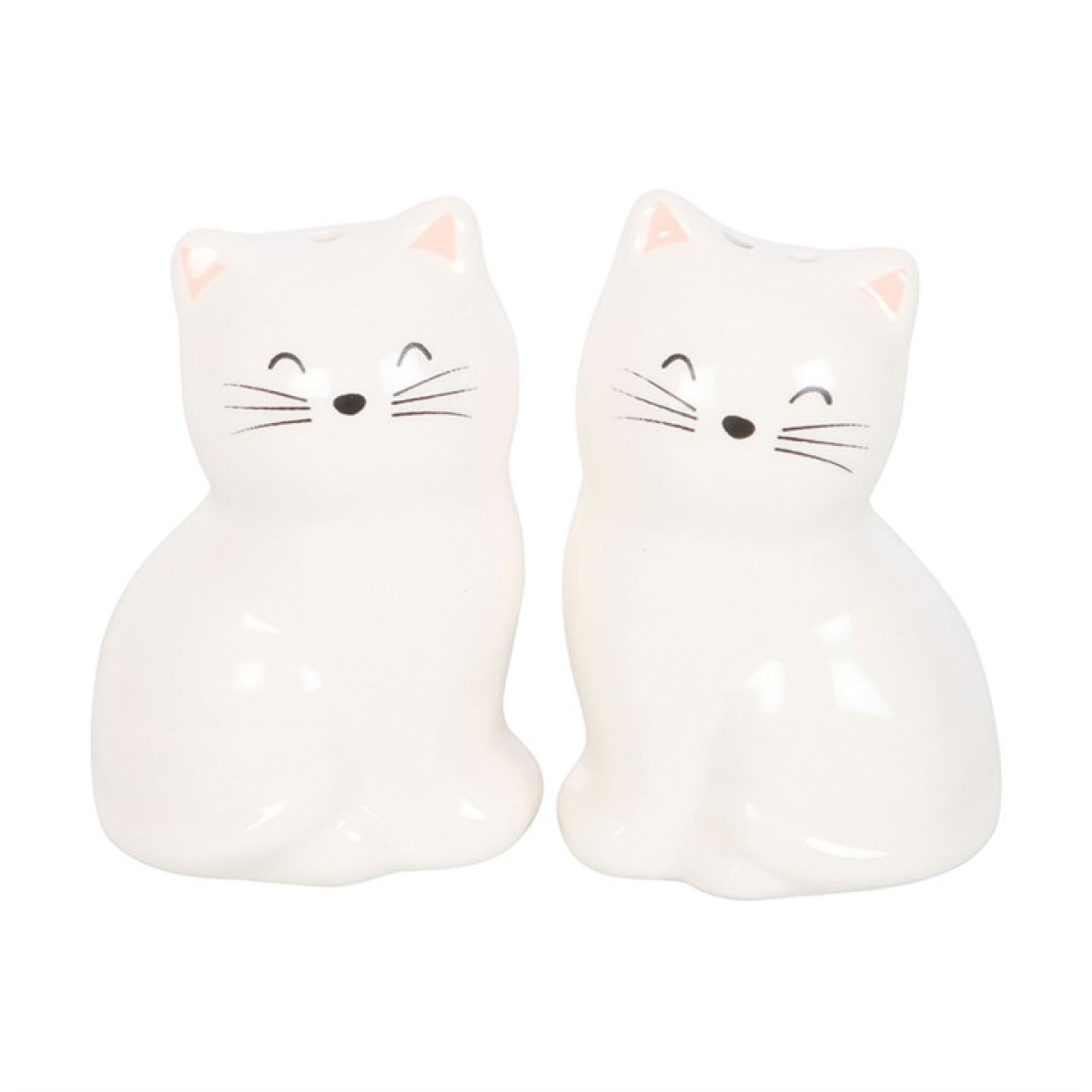 Two white cat-shaped ceramic salt and pepper shakers on a white background