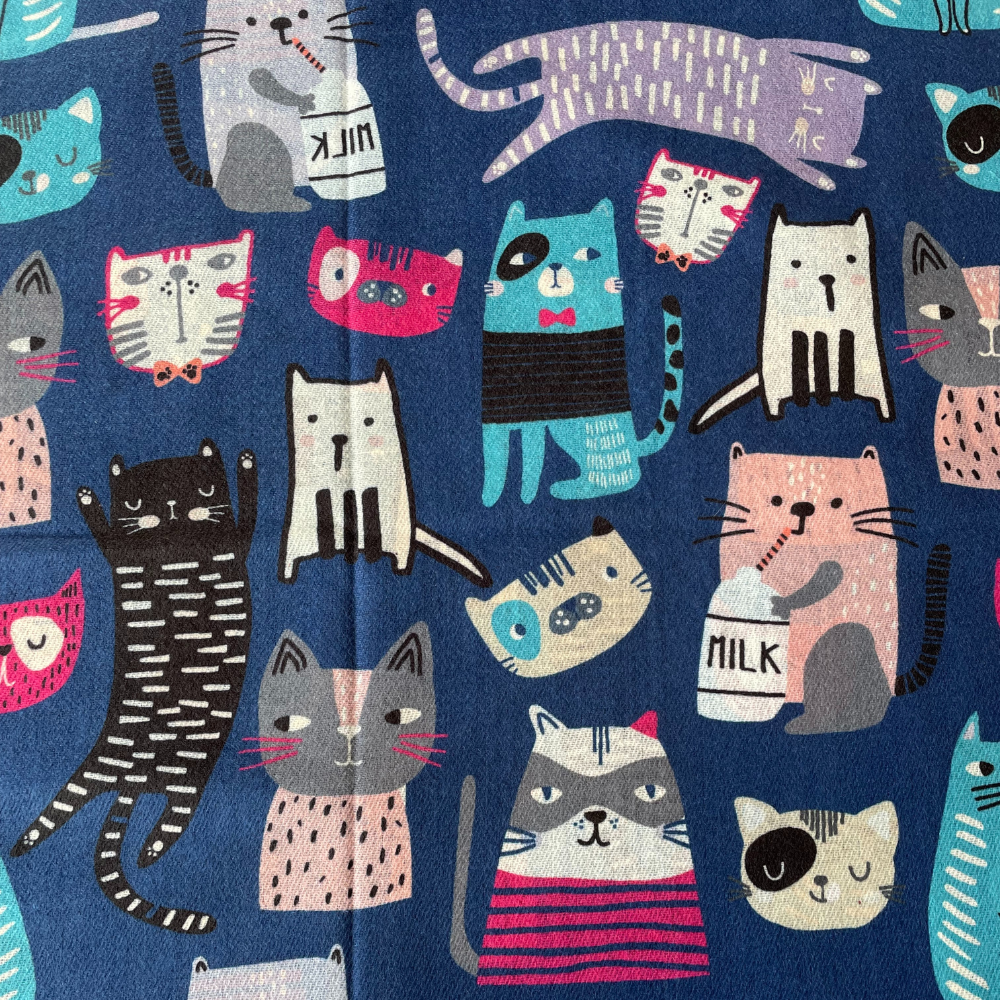 A navy blue background with images of cats on it. 