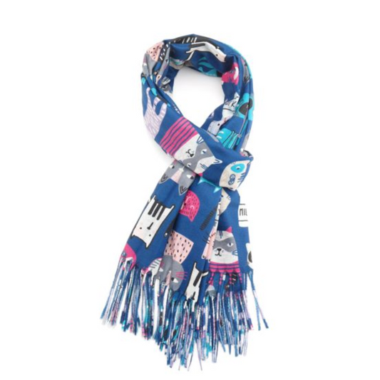 Navy blue scarf with a cat design tied. 
