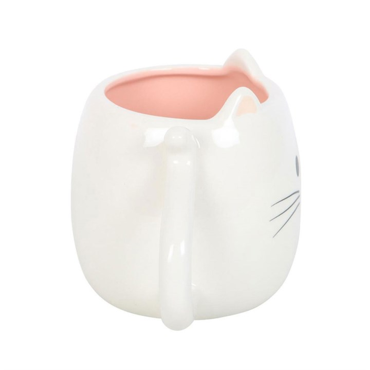 Cat-shaped ceramic mug with pink interior on a white background