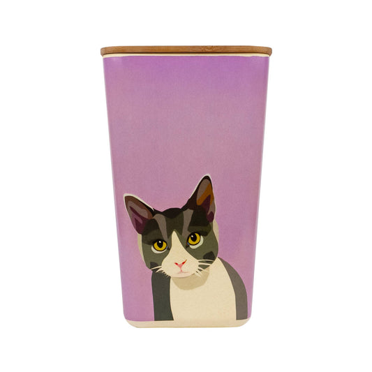 Storage pot with a cat illustration on a purple background