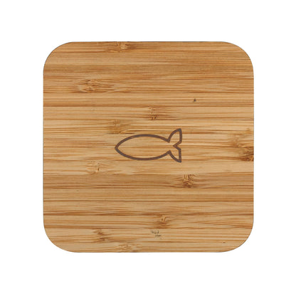 Wooden lid with fish symbol on a white background