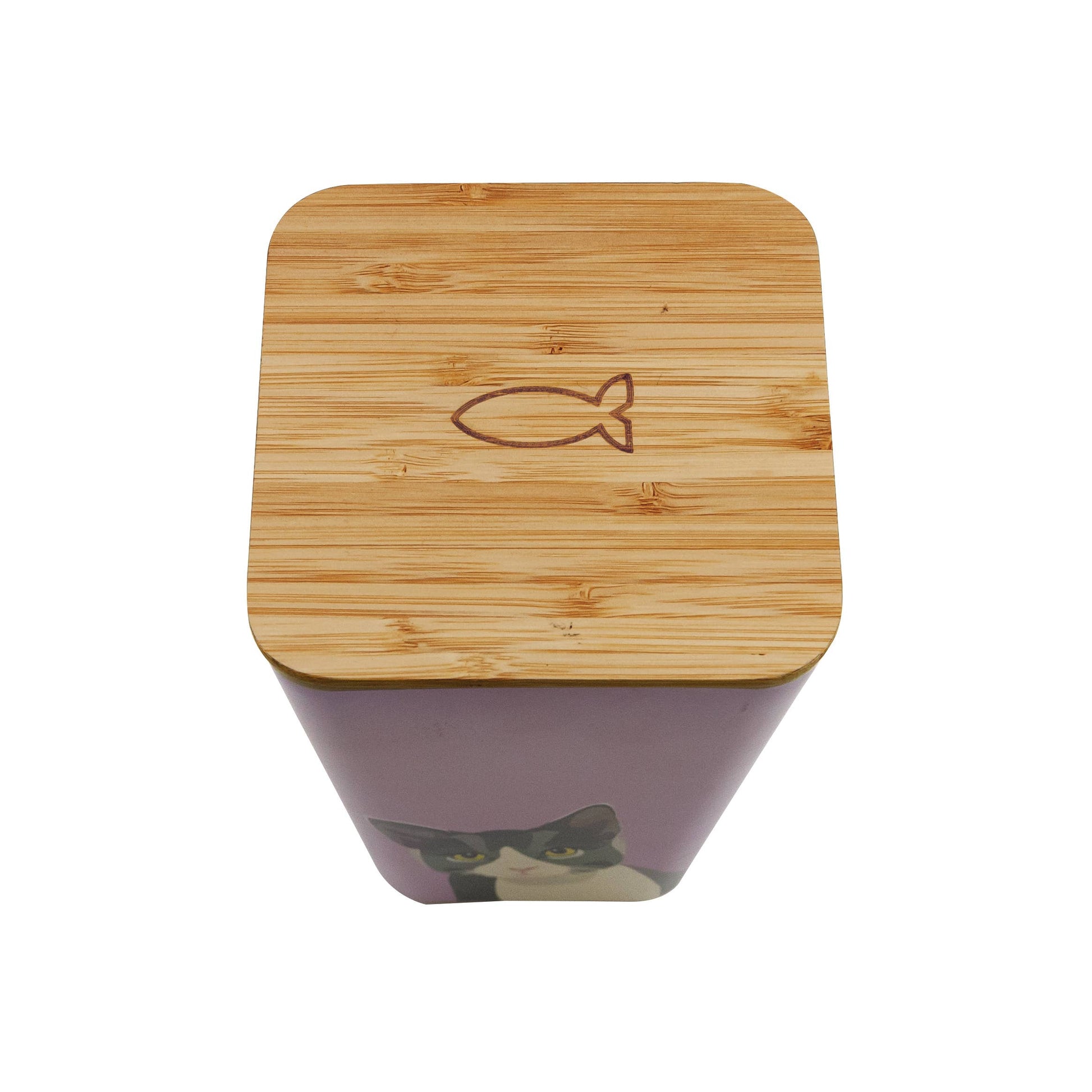 Square container with wooden lid and cat design on a white background