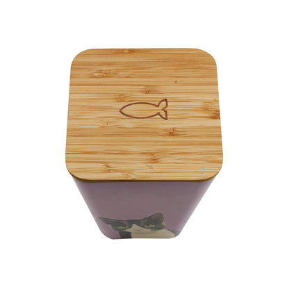 Square container with wooden lid and cat design on a white background