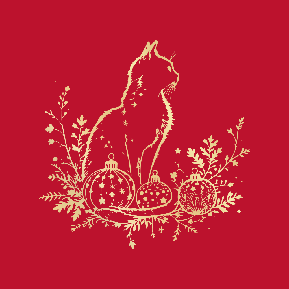 Silhouette of a cat with Christmas ornaments and foliage on a red background