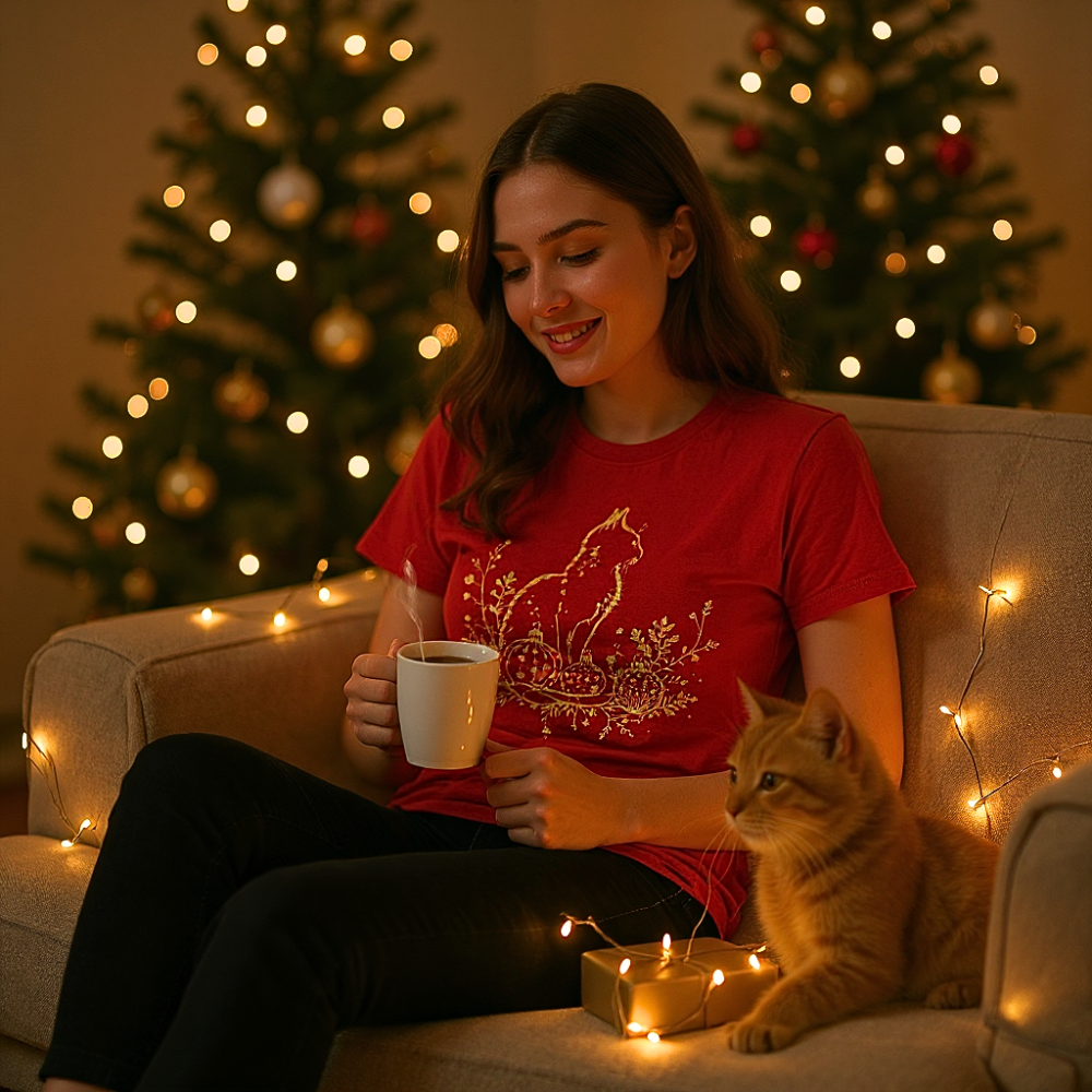Woman in a red shirt holding a mug with a cat sitting next to her on a couch decorated with Christmas lights and trees.