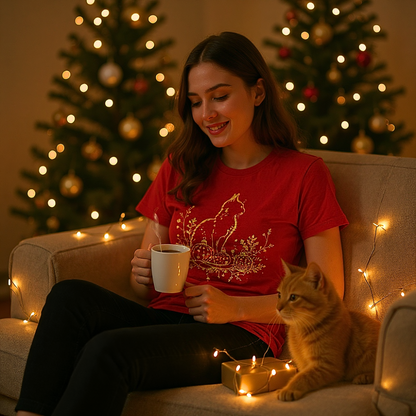 Woman in a red shirt holding a mug with a cat sitting next to her on a couch decorated with Christmas lights and trees.