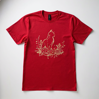 Red t-shirt with a gold cat and christmas design on a white background