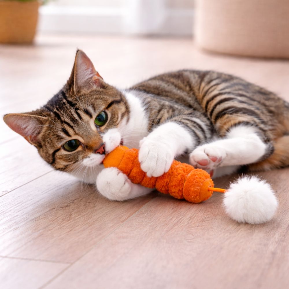 Cat playing with a toy on a wooden floor