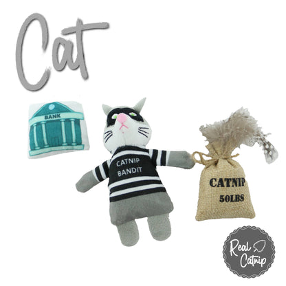 Cat toy with 'Catnip Bandit' outfit and bag, labeled 'Real Catnip'.