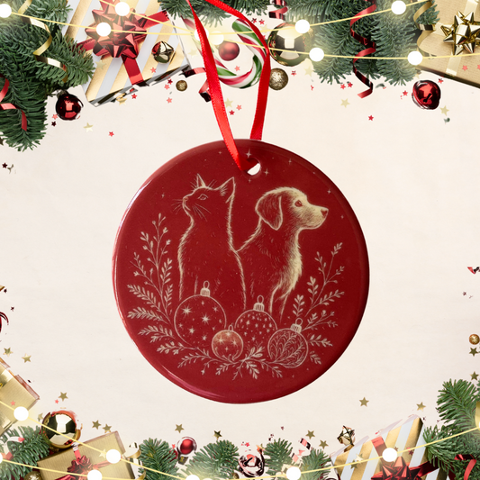 Red Christmas ornament with dog and cat design on a festive background