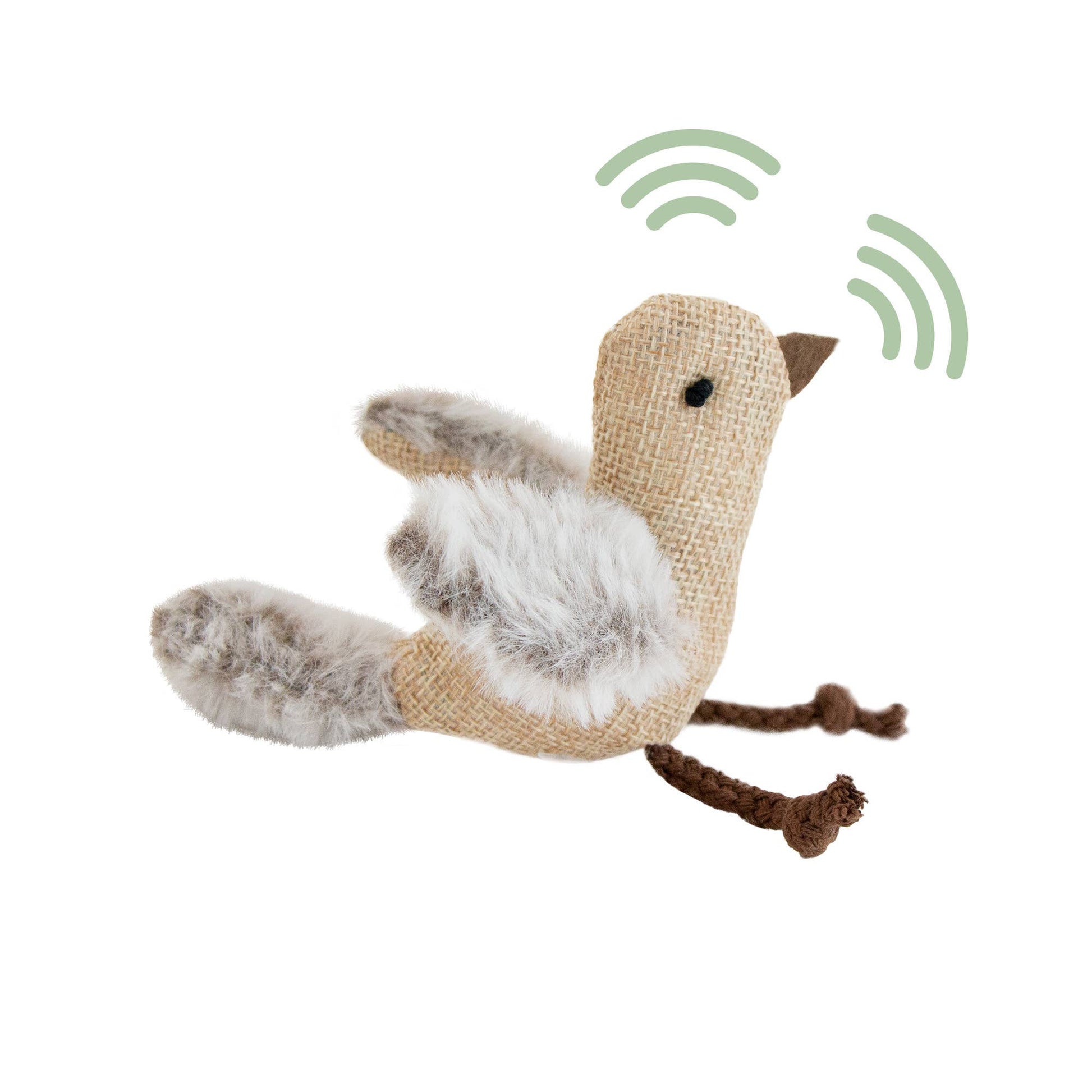 Plush bird toy with a rope on a white background