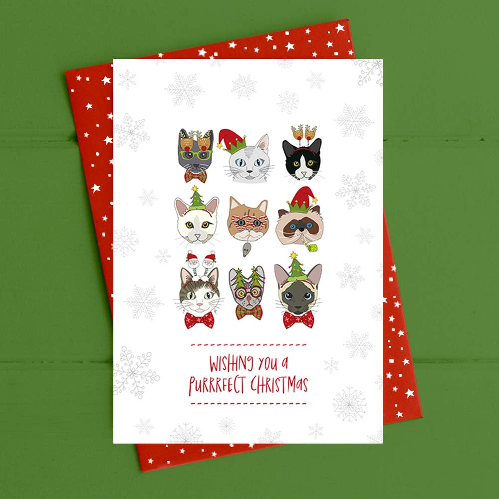 Christmas card with cats wearing festive hats and scarves on a green background