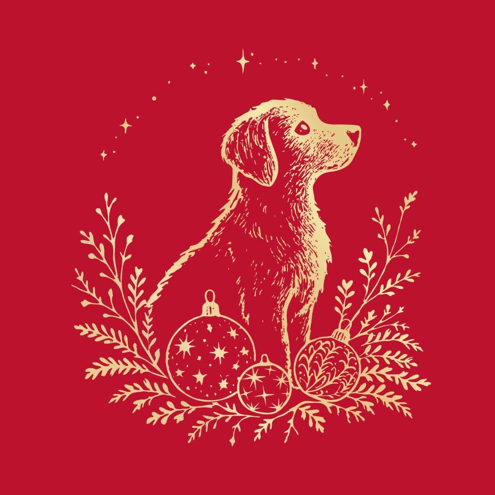 Illustration of a dog with Christmas ornaments and foliage on a red background